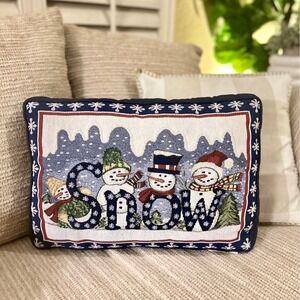 Snowman Tapestry Lumbar Pillow‎ 13x19 SNOW Day Winter Holiday Christmas Blue